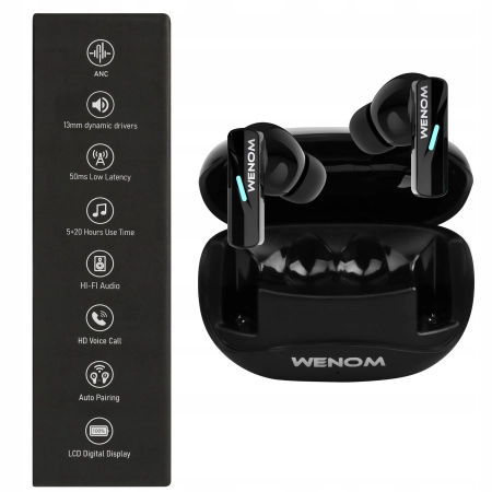 SŁUCHAWKI BEZPRZEWODOWE ANC ENC Bluetooth 5.3 Dwa Mikrofony HD BASS WENOM