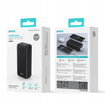 BWOO Power bank 22,5W, 30000 mAh z wyświetlaczem LCD, czarny