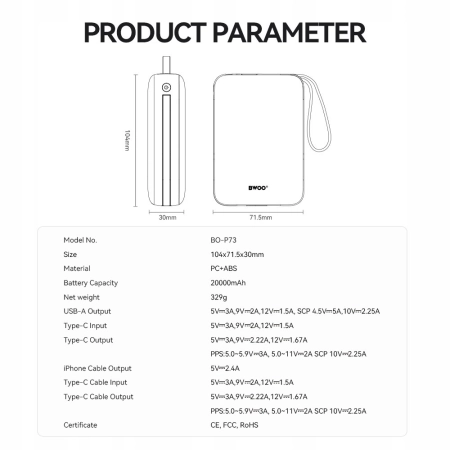 BWOO power bank P73 22.5W 20000 mAh z 2 wbudowanymi kablami 1 x USB-C 1 x L