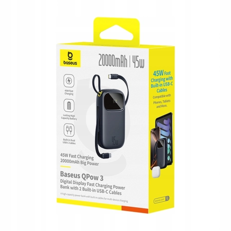 Powerbank Baseus 20000mAh 45W z wyświetlaczem z wbudowanymi kablami USB-C