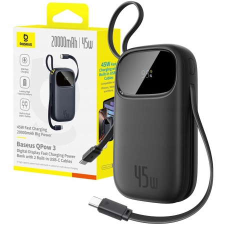 Powerbank Baseus 20000mAh 45W z wyświetlaczem z wbudowanymi kablami USB-C