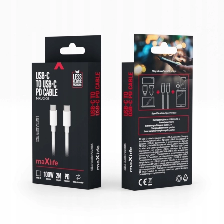 Kabel Maxlife USB typ C - USB typ C 2 m biały 100W